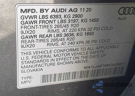 2021 Audi Q7 Premium Plus 45 Tfsi Quattro Tiptronic из США, поврежденный, VIN WA1LJAF76MD020671